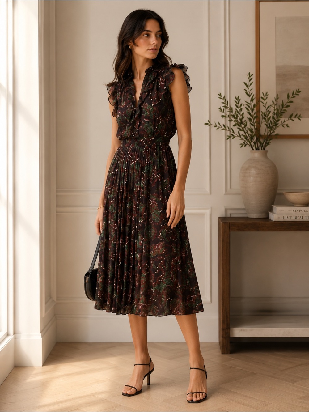 Club Monaco Printed Midi Dress | Ruffled Neckline | Size 6